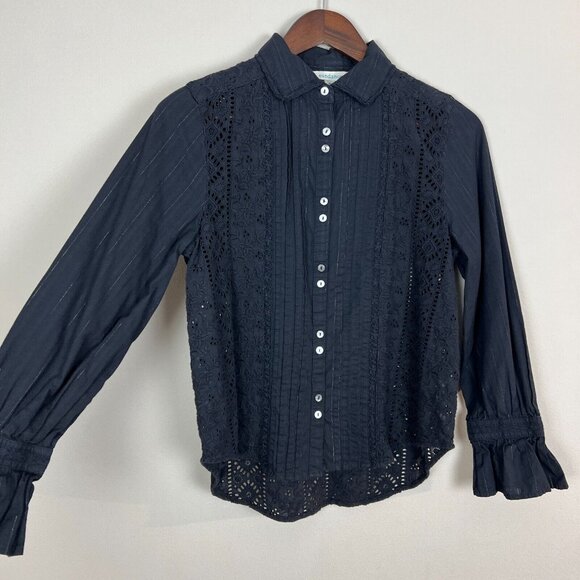 Sundance Blouse Top Womens PXS Black Eyelet Lace‎ Button up Long Flare Sleeve - Picture 6 of 11